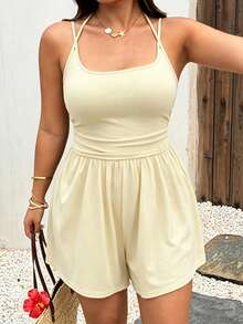 Sunnyshic Casual Elegant Lace-Up Spaghetti Strap Versatile Minimalist French Style Sleeveless Shorts Skort Summer Black Plus Size Women's Jumpsuit - Apricot - View 3