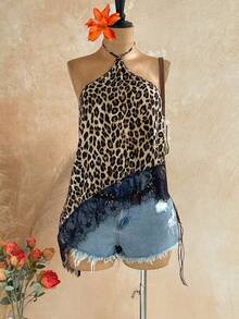 Soleia Women's Tank Top Leopard Print Halter Neck Tie Asymmetrical Hem Lace Trim Sexy Sleeveless Top Going Out Night Out Cocktail Parties Black And White - Brown - View 5
