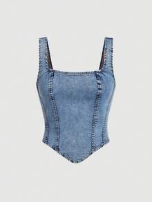SHEIN MOD 女士时尚简约方领不对称下摆牛仔衬衫 - 淺色水洗藍 - 查看 1