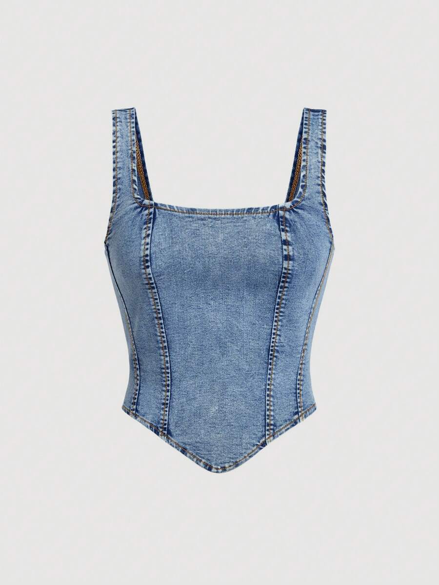 SHEIN MOD 女士时尚简约方领不对称下摆牛仔衬衫 - 淺色水洗藍 - 查看 1