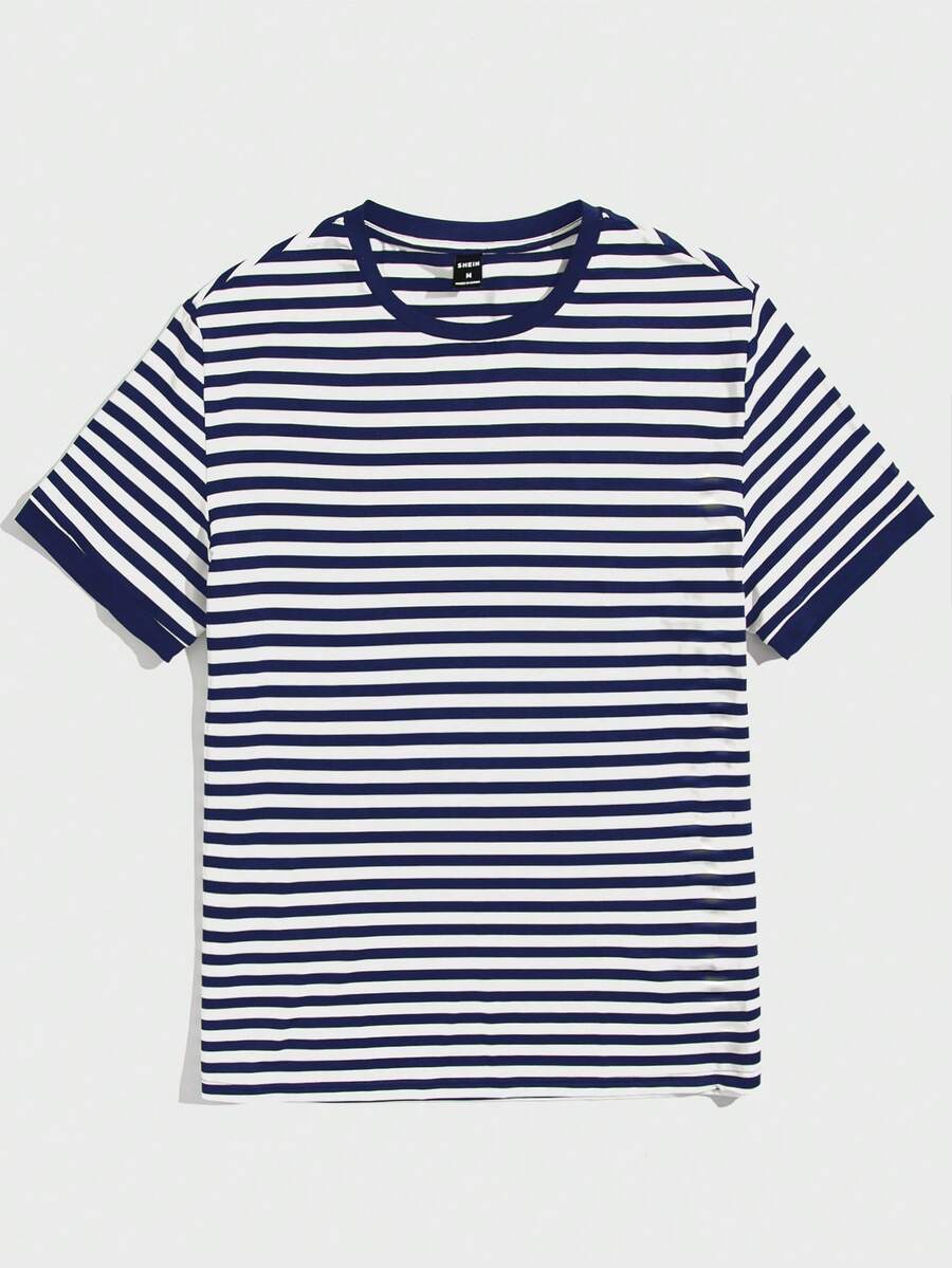 NORVETH Camiseta de cuello redondo de ajuste slim con rayas para hombre, de verano - Azul Marino - Ver 1