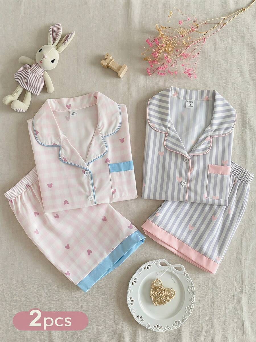 SHEIN Girls' Plaid Heart Print Short Sleeve Cardigan And Loose Shorts 2 Pieces Set, Fashionable And Cute Summer Outfit For Teens - Baby Pink - View 1
