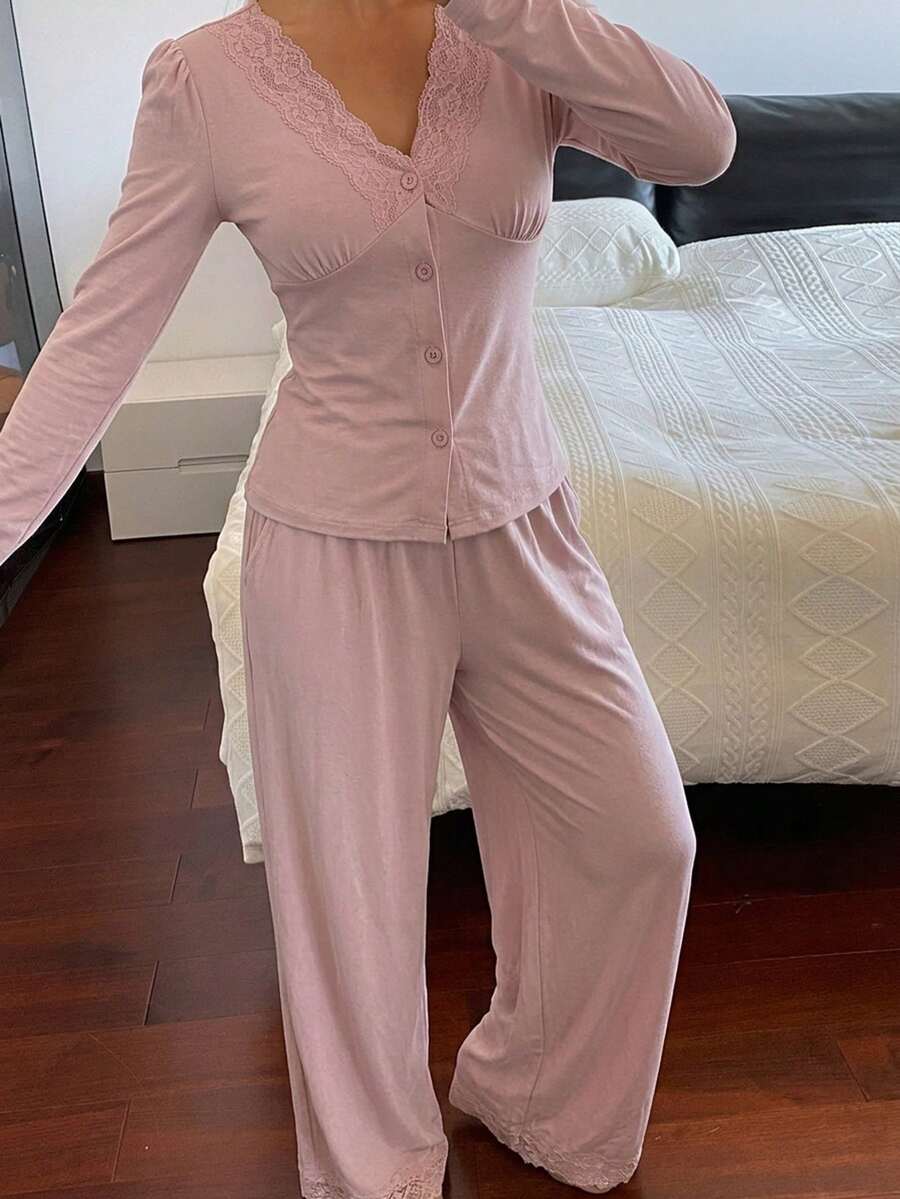 DAZY 2pcs/Set Women's Pajama Set, Lace Patchwork Comfortable Knit Long Sleeve Cardigan Top And Straight Leg Long Pants - Pink - View 1