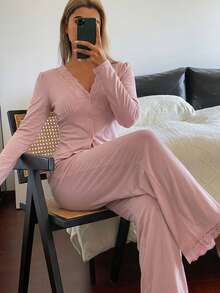 DAZY 2pcs/Set Women's Pajama Set, Lace Patchwork Comfortable Knit Long Sleeve Cardigan Top And Straight Leg Long Pants - Pink - View 3