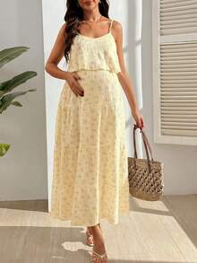 SHEIN Vestido de maternidad con estampado floral, volantes en el bajo y tirantes para lactancia - Amarillo - Ver 4