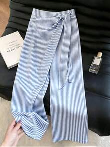 SHEIN Franclia 夏季新款休閒通勤百搭女裝長褲，棉感條紋亞麻褲，六月節適用，適合春夏秋冬，女裝下身褲，外出穿搭，海灘度假，旅行，假日出遊，日常，通勤，藍白配色，腰綁帶寬腿褲裙，女裝 - 藍白色 - 查看 6