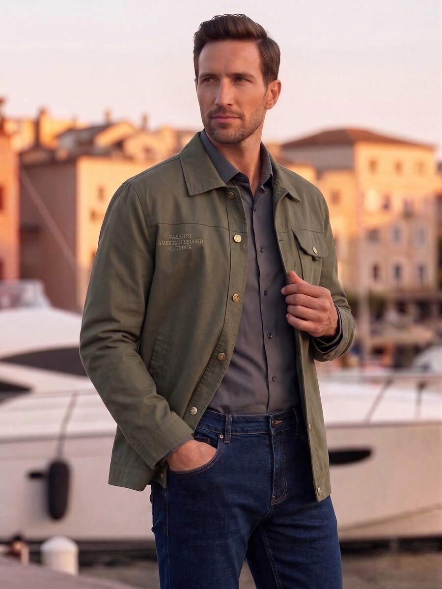 Chaqueta nueva de hombre para otoño/invierno OFFICEAU, chaqueta casual de moda versátil con cuello de solapa, chaqueta militar con botones y múltiples bolsillos en verde, chaqueta retro, de primavera a verano - Caqui - Ver 1