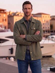 Chaqueta nueva de hombre para otoño/invierno OFFICEAU, chaqueta casual de moda versátil con cuello de solapa, chaqueta militar con botones y múltiples bolsillos en verde, chaqueta retro, de primavera a verano - Caqui - Ver 8