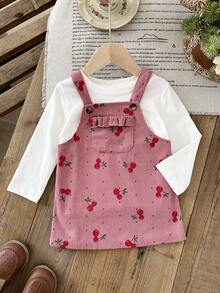 SHEIN LMoss Kids 女嬰編織燈芯絨櫻桃圖案背心裙，加厚燈芯絨面料，適合秋冬穿著 - 藕粉色 - 查看 7