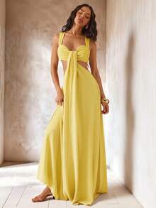 Hauture Women's Solid Color Pleated Hollow Out Sexy Party Long Dress - Yellow - View 3