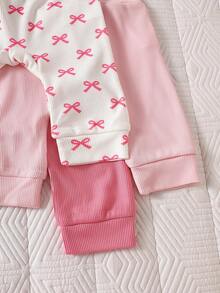 SHEIN Newborn Girls Sweet Outfit Autumn Light Pink Pastel Pink Bow Print + Apricot Pink Long Sleeve Pants 3 Pieces Set Ribbed Soft Family Matching - Multicolor - View 9