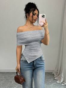 SHEIN Raffinéa Spring/Summer Women's Elegant Off-Shoulder Large Lapel Ruched Hem Square Hem Slimming T-Shirt - Light Grey - View 1