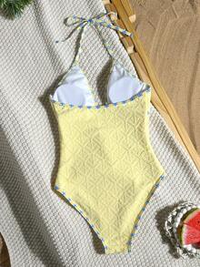 Swim Mod 2026新款女款夏季海灘度假可愛女孩純色特殊紋理布料圖案印花掛脖細肩帶鏤空金屬星星裝飾性感露背連身泳衣 - 黃色 - 查看 2