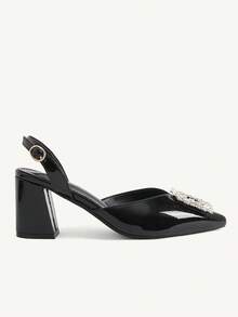 CUCCOO CHICEST Women's Shoes Rhinestone Square Buckle Thick Heel Pointed High Heels Elegant Black PU Leather High Heel Shoes Slingbacks Dating Afternoon Tea - Black - View 5