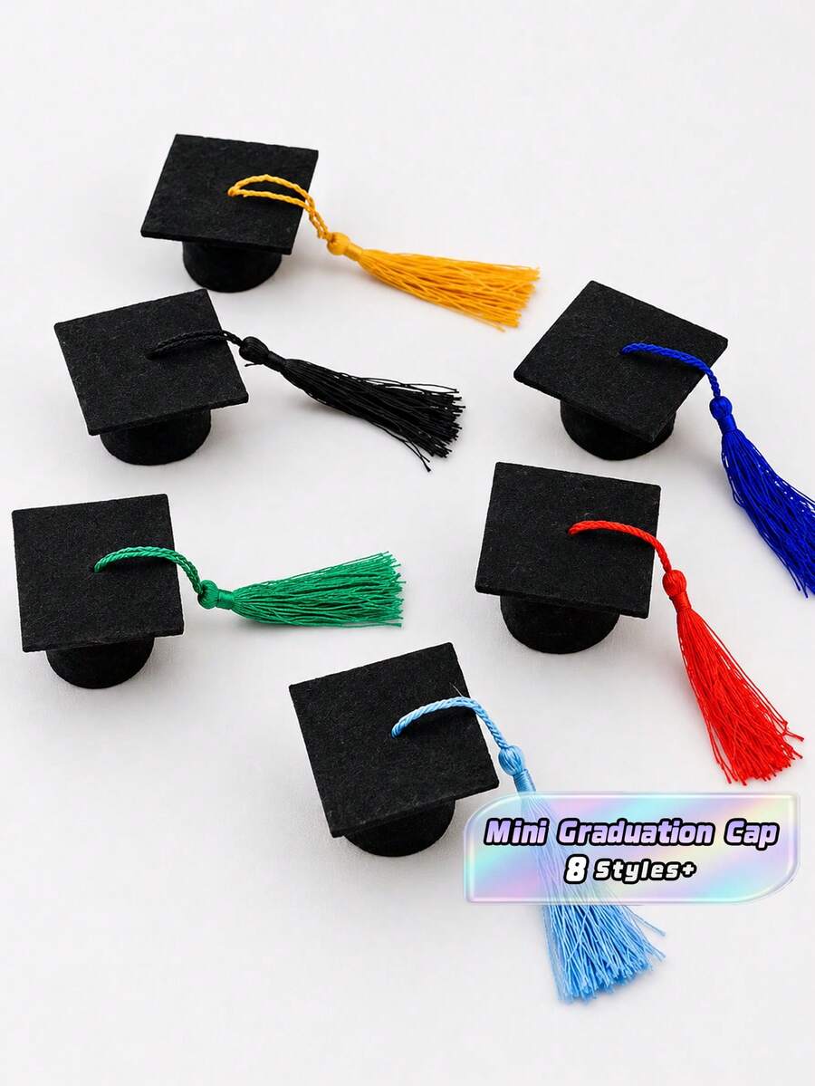 1/6/12 Pieces Multicolor Mini Tasseled Graduation Cap Bottle Toppers, Felt Beer Bottle Ornaments, Decorative Doll Hats, Graduation Halloween Christmas New Year Party Supplies, Home Room Decor, Festival Gifts & Photo Props - B - View 1