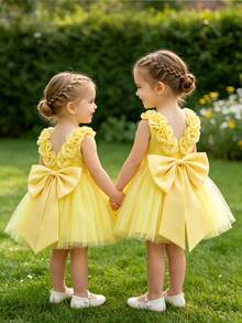 SHEIN Glamorique Kids 女嬰黃色緞面網紗正式禮服，3D花朵裝飾、大蝴蝶結背部、蓬蓬裙，適合婚禮、生日派對花童，夏季優雅款 - 黃色 - 查看 4