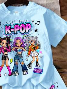 Tween Girl Round Neck Letter Cartoon Print Short Sleeve T-Shirt, Suitable For Holidays, Parties And Daily Wear - Multicolor - View 5