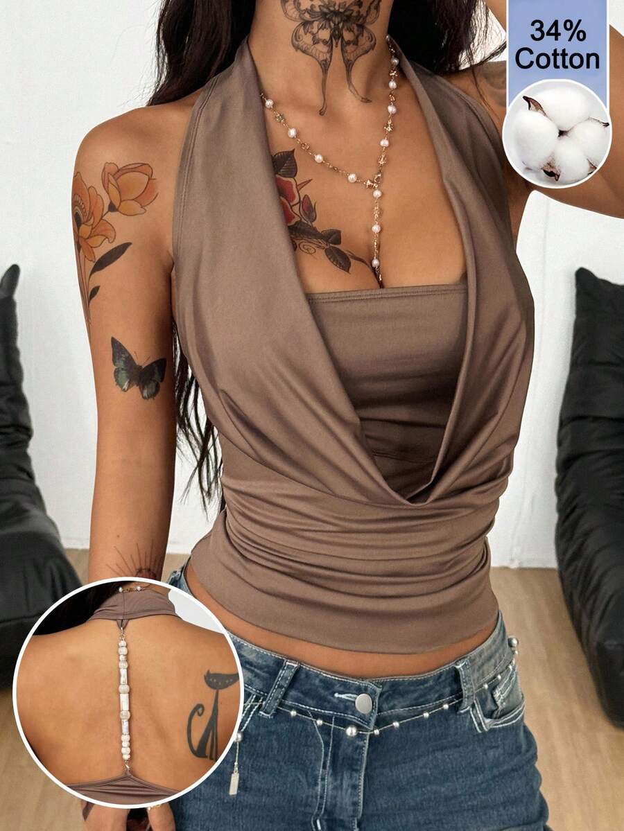Coolane 女款夏季文藝復興市集風西式牛仔女孩Y2K辣妹風垂領修身露背珠飾掛脖上衣 - 卡其色 - 查看 1