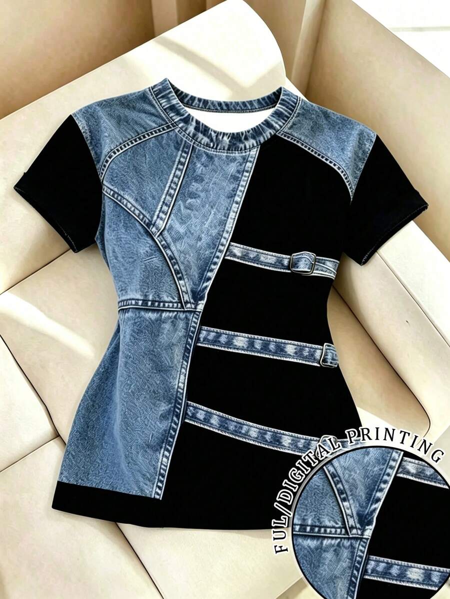 Resyla Women's Casual Denim Effect Print Loose T-Shirt, Summer - Black - View 1