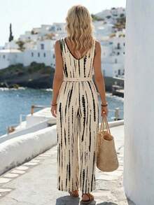 EMERY ROSE Damen gestreifter Kontrastfarben V-Ausschnitt Bindung locker weit geschnittener Jumpsuit Strandurlaub Beige Sommer Boho tropisch lässig - Verschiedenfarbig - Übersicht 2