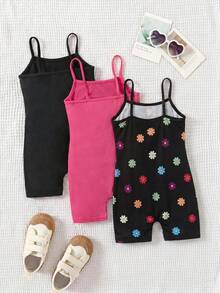 SHEIN 女童針織純色修身休閒連身褲 + 彩色花卉圖案針織休閒連身褲 3件套 - 彩色 - 查看 2