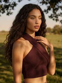CAJUNI Minimalist Sexy Short Halter Neck Burgundy Top Casual And Elegant Night Out Summer - Brown - View 5