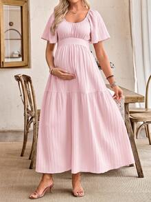 SHEIN Women's Casual Ruffle Sleeve Bow Back Design Maternity A-Line Dress - Pink - View 3