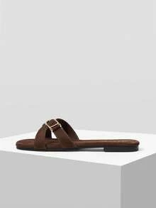MOTF 女士深棕色搭扣装饰交叉平底拖鞋 - 休闲/沙滩舒适夏季拖鞋 - 深棕色 - 查看 6