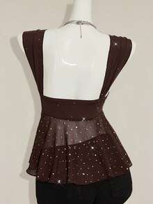 SHEIN ICON Shiny Fabric Asymmetrical Mesh Hem Women Tank Top - Coffee Brown - View 2
