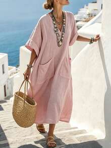 Selamara Vestido casual minimalista de unicolor con cuello en V y manga media para mujer - Rosa Pálido - View 4