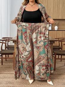 SHEIN CURVE+ Curve 尺码 US22 音乐节、海滨度假、波西米亚风印花两件套外套和裤子，度假沙滩装 - 彩色 - 查看 7