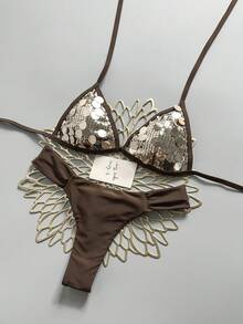 Swim Mod Summer Beach Women 2pcs Champagne Gold Sequin Fabric Triangle Tie Top & Ruched Bikini Bottoms Swimsuit Set - Brown - View 3