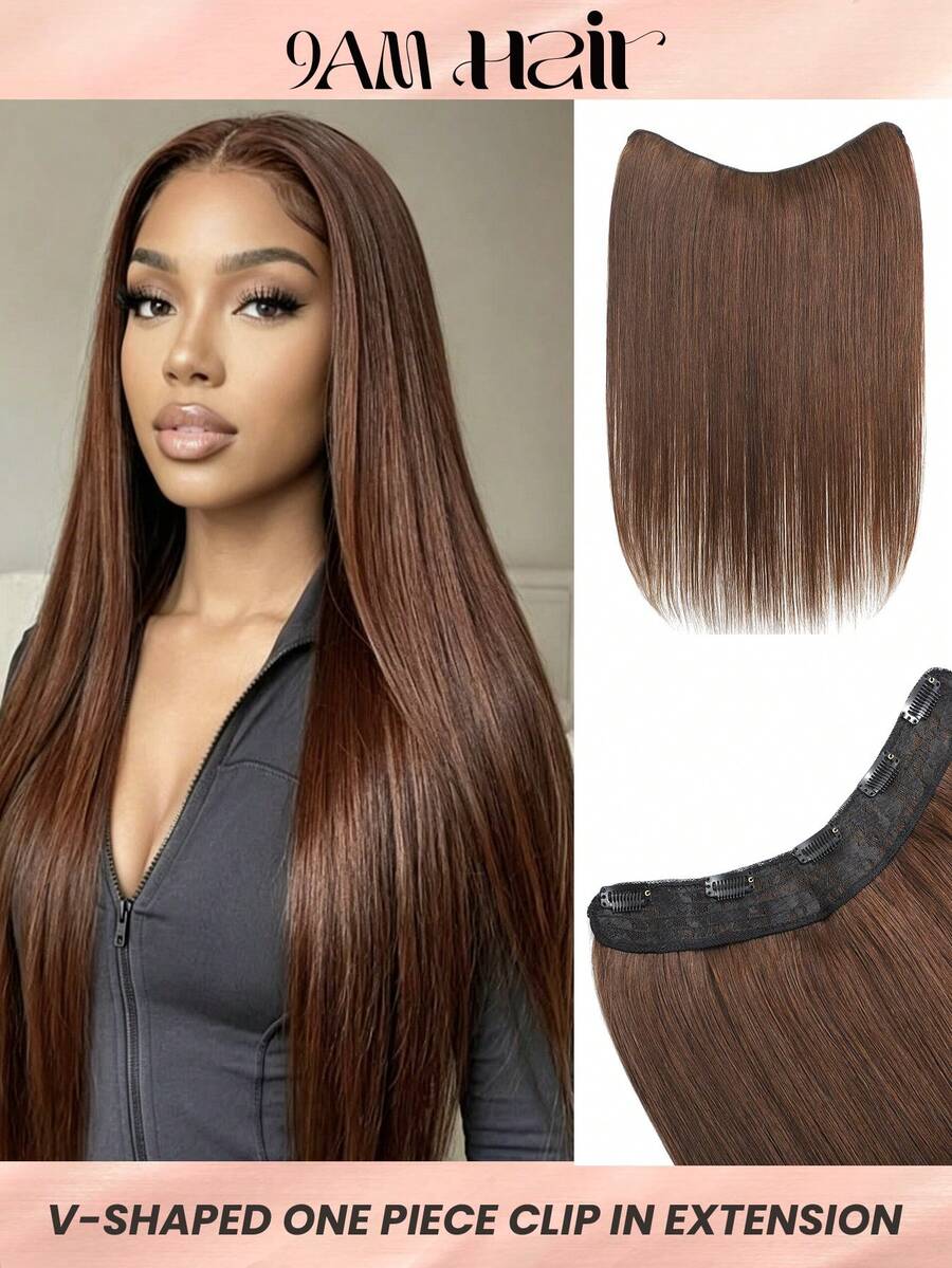 V-Shaped One-Piece Clip In Human Hair Extensions With 5 Clips 4# Chocolate Brown Silk Straight Clip In Hair Weft Volume-Enhancing Wavey Extension Easy Installation Hair Extensions For Women - S4 - View 1