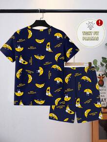 Tween Boys Pajamas, Spring/Summer New Fashion Hot-Selling Fun Banana Print Knit Snug Fit High Elastic Fabric Short Sleeve Shorts 2-Piece Set Loungewear Pajama Set - Royal Blue - View 2