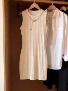 Resyla Vestido versátil de mujer de primavera/verano, nuevo y de gran vender, de tejido de punto suave con textura acanalada y ajuste ceñido - Caqui - Ver 3