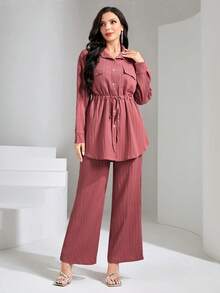 Graceveil Conjunto de 2 piezas con camisa de bolsillo con solapa y cintura con cordón & pantalones de pierna ancha, estilo modesto - Rosa Oxidada - Ver 3