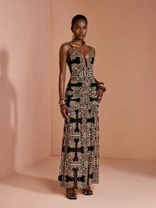 JIAN LASALA Women Multicolor All Over Print Mesh Backless Sexy Spaghetti Strap Sleeveless Women Maxi Dress - Multicolor - View 6