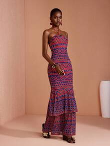JIAN LASALA All-Over Print Mesh O Ring Halter Neck Sleeveless Women Maxi Dress Summer Boho Casual - Multicolor - View 5