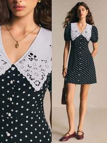 Poéselle Women's Blue Polka Dot Mini Dress, Elegant French Casual Work Brunch Day Party Outfits, Vacation Going Out, Summer Spring - Black and White - View 4