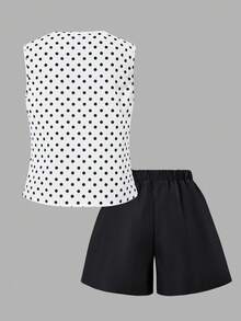 SHEIN XT26211 Bộ 2 món áo gile & quần short thường ngày phong cách Old Money mùa hè cho thanh thiếu niên, trang phục đi chơi thoải mái phù hợp mặc đi làm hàng ngày và đi nghỉ lễ - Đen và trắng - Xem 2