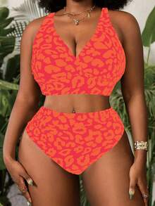 Slaydiva Women's Plus Size 2pcs Leopard Print V-Neck High Waist Triangle Bikini Set Vacation Tank Style Swimsuit Orange Summer Beach Sexy - Multicolor - View 6
