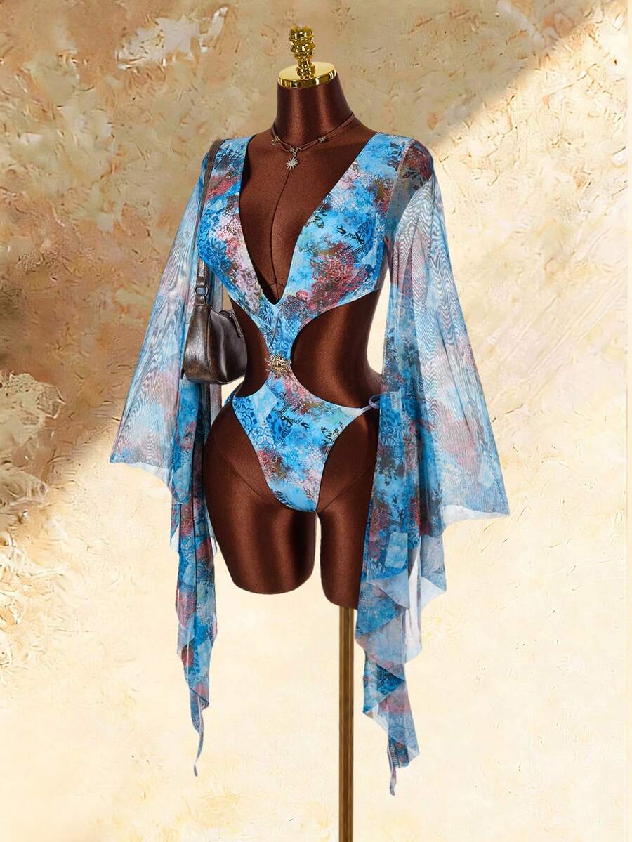 Amplova 女款誇張喇叭袖連身泳衣，性感前衛風格，適合度假穿著，可愛迷你長度，露背，腰側鏤空，性感金屬五金設計
