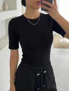 Dazy-Less Dam Sommar Enfärgad Normala Axlar Kortärmad T-shirt Old Money Style Business Casual Dam - Svart - Visa 8