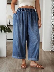 SHEIN CURVE+ 大尺碼女款彈性腰口袋寬腿休閒寬鬆可愛時尚牛仔褲 秋季穿搭 通勤 外出 夜店 海灘 正式場合 度假 藍色 - 深色水洗藍 - 查看 8