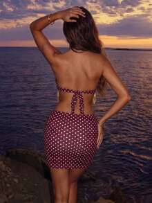 SHEIN Allurite Y2K Retro White Polka Dot Halter Neck Tassel 2-Piece Set, Fitted V-Neck Halter Top And Bodycon Mini Skirt, Party Vacation Outfit Summer - Multicolor - View 2