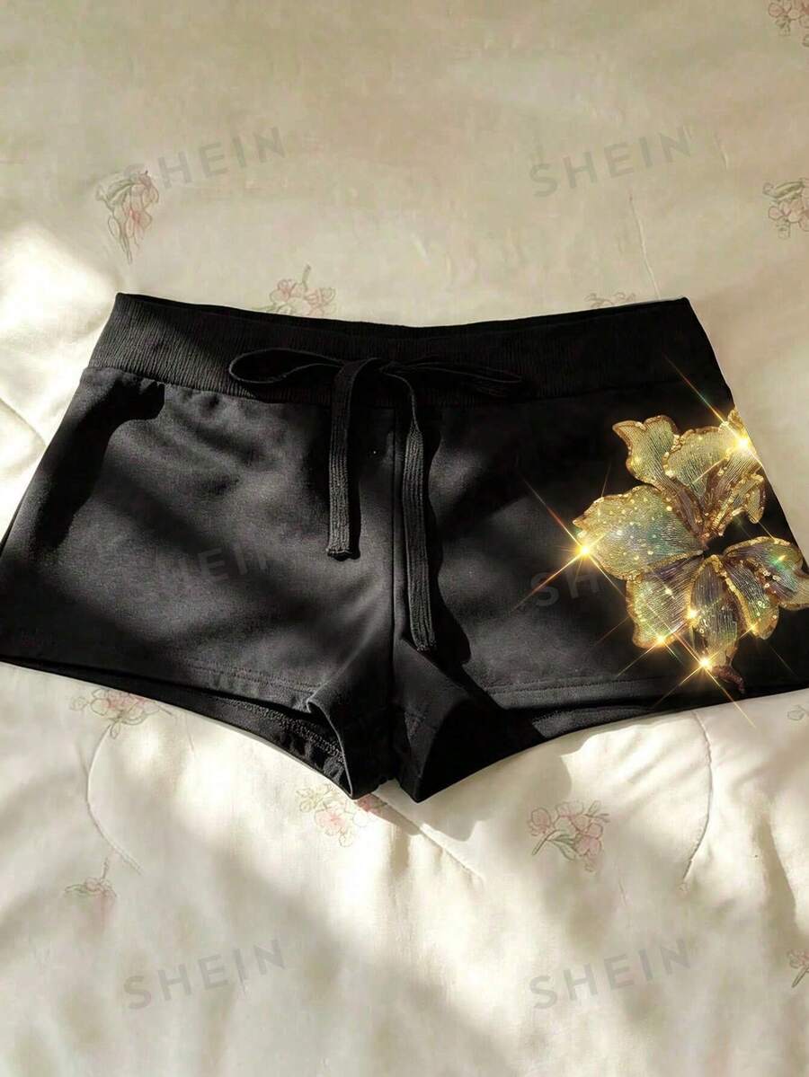 Everyssa Quần short nữ cạp thấp dáng casual, quần short đen thêu và đính sequin, quần short đen cạp thấp phong cách Y2K, quần short đi nghỉ mát, quần short mùa xuân/hè.