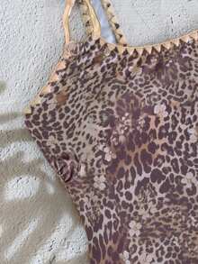 Swim Vcay Purple Leopard Print One-Piece Swimsuit,Brown Summer Casual Holiday Vacation Retro Elegance Adjustable Metal Buckle Straps High-Stretch Form-Fitting - Brown - View 4