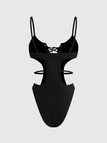 ROMWE Y2K Sexy Halloween Punk Rivet Patchwork Strappy Cutout Women's Bodysuit - Black - View 2
