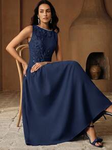 Anewsta Women's Summer Sleeveless Embroidered Floral Sky Blue Pearl Pleated Elegant New Spring/Summer Dress - Royal Blue - View 4