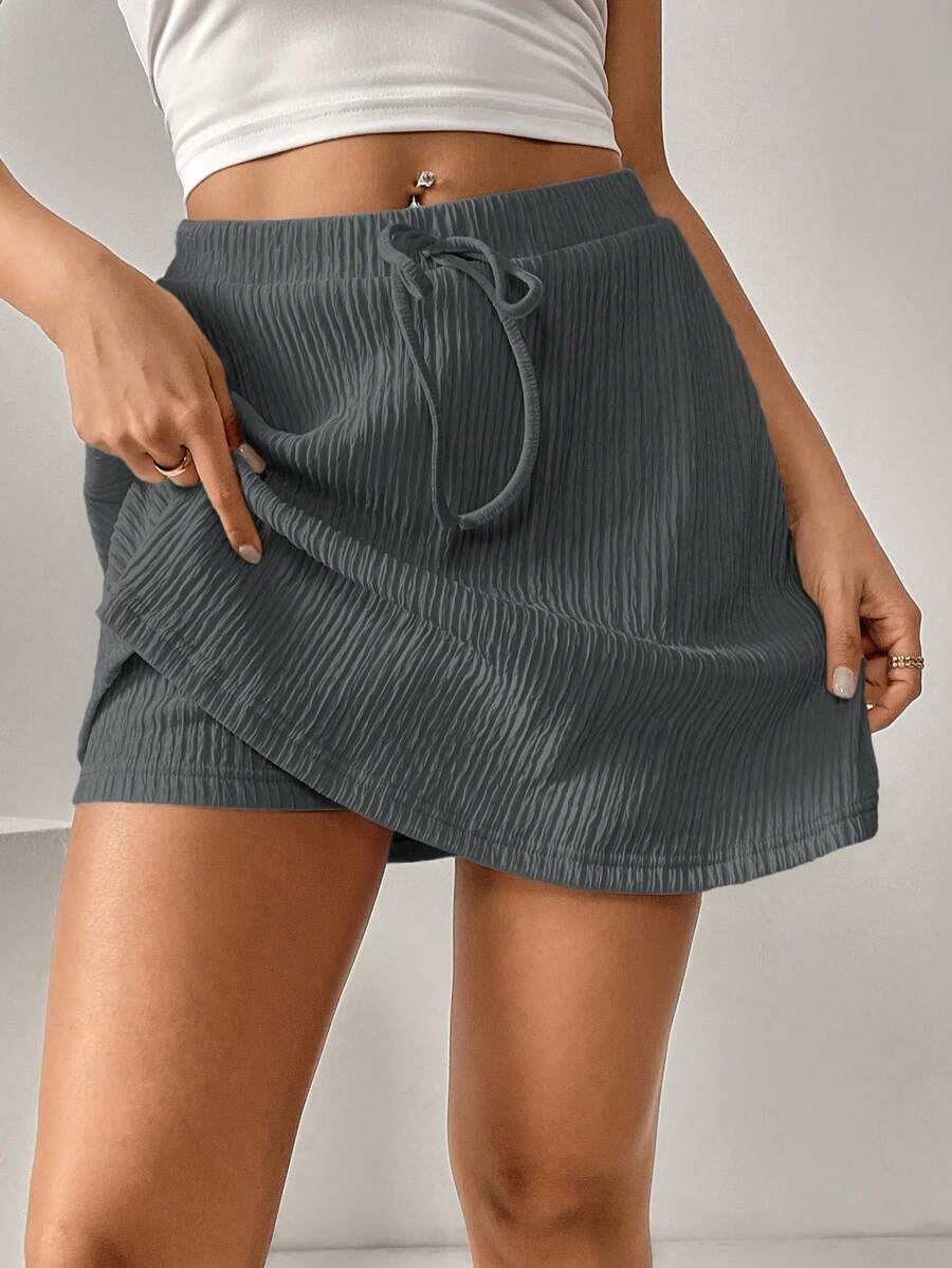 SHEIN Essnce 女款夏季休閒百搭極簡純色紋理面料抽繩腰褲裙 - 深灰色 - 查看 1